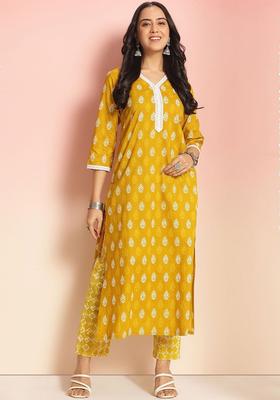 Yellow Printed Viscose Kurta Set