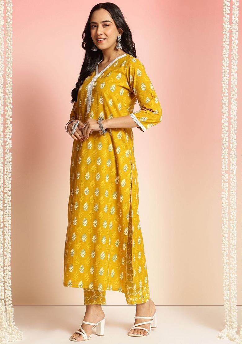 Yellow Printed Viscose Kurta Set - Indya