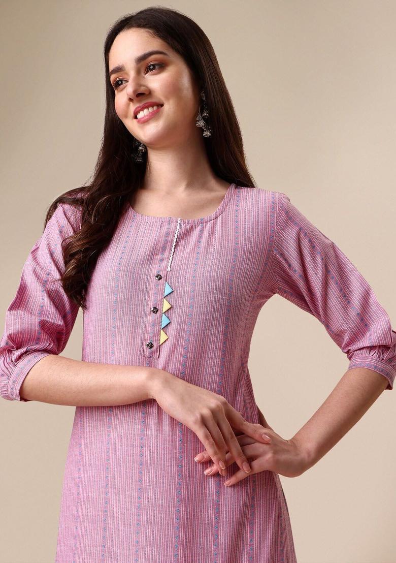 Pink Woven Design Cotton Kurta Set - Indya