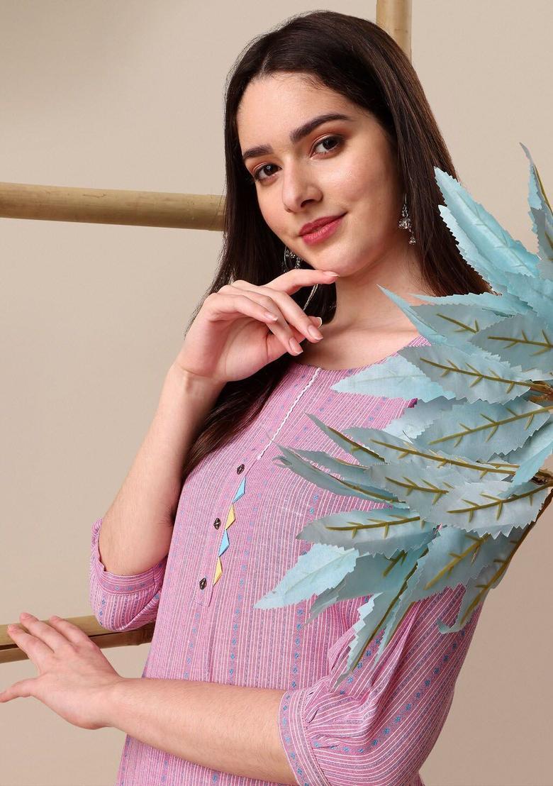 Pink Woven Design Cotton Kurta Set - Indya