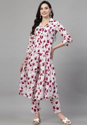 Maroon Printed Cotton Kurta Set