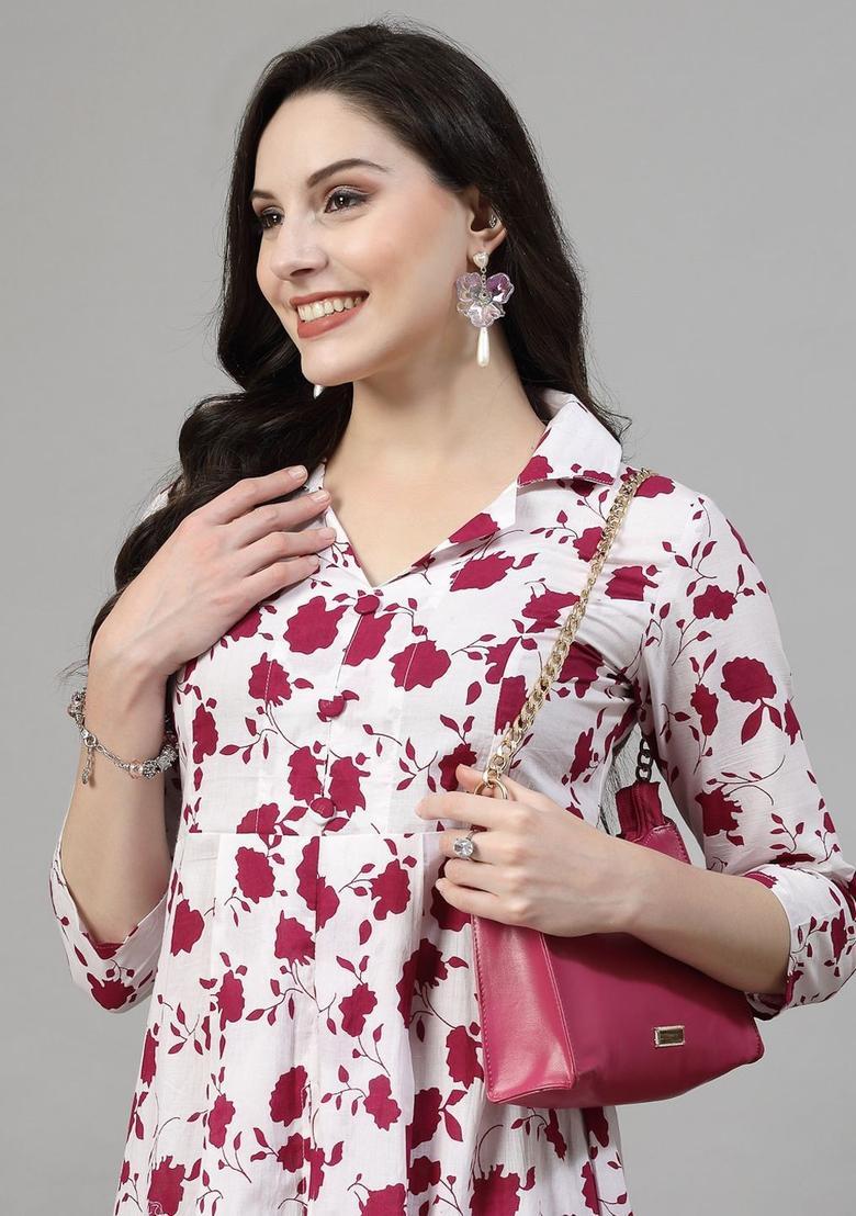 Maroon Printed Cotton Kurta Set - Indya