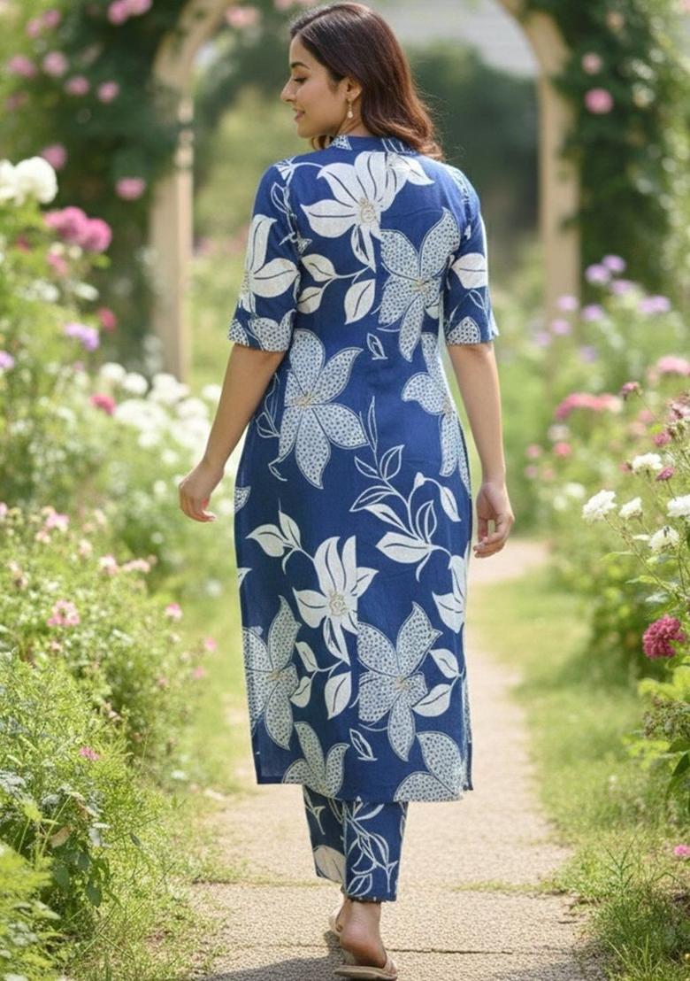 Navy Blue Printed Viscose Kurta Set - Indya