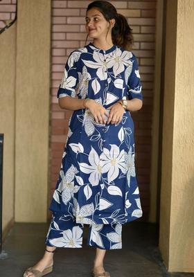 Blue Printed Viscose Kurta Set