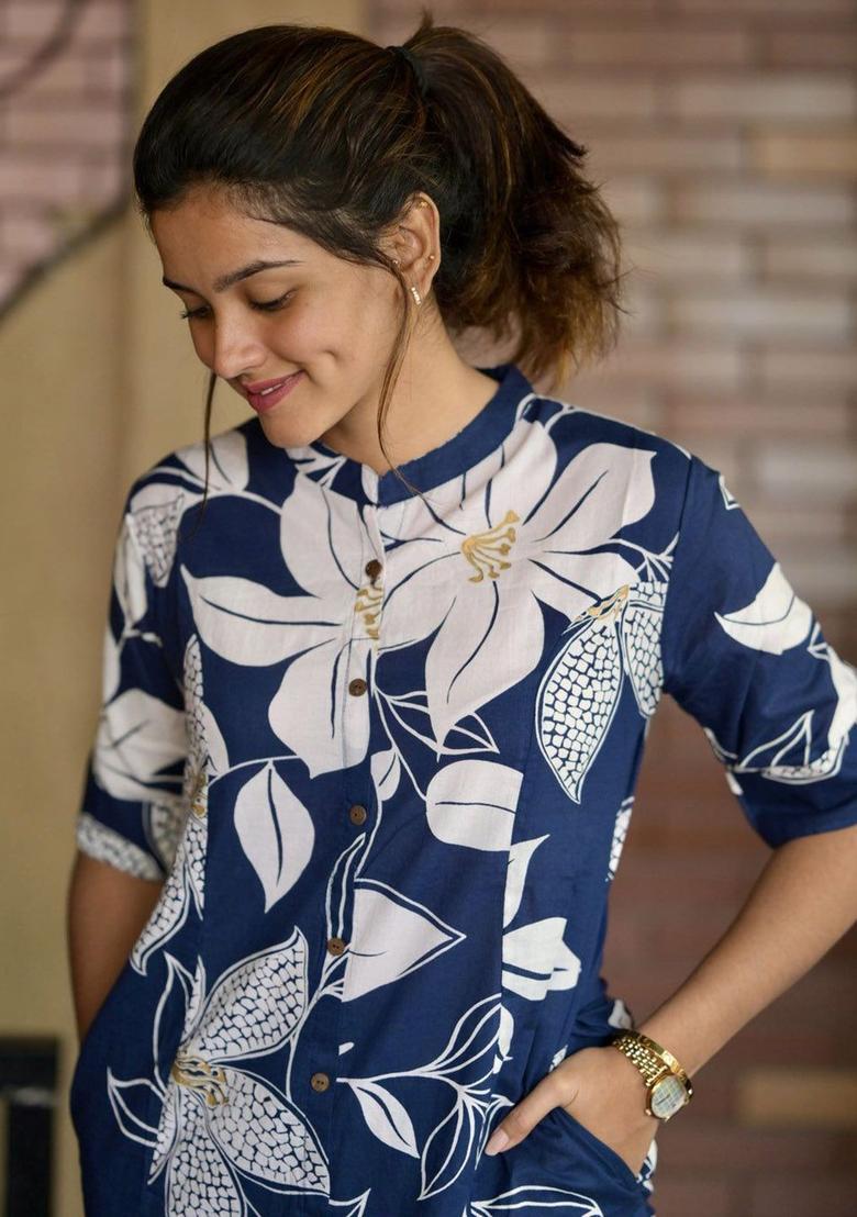 Blue Printed Viscose Kurta Set - Indya