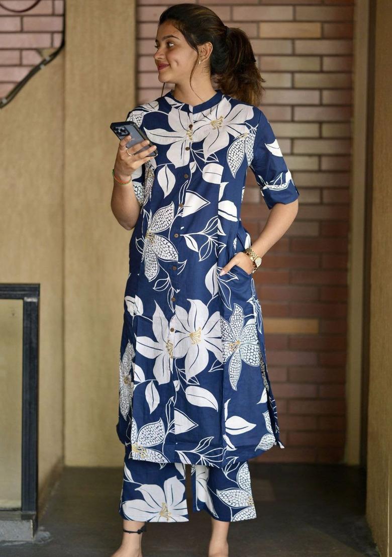 Blue Printed Viscose Kurta Set - Indya