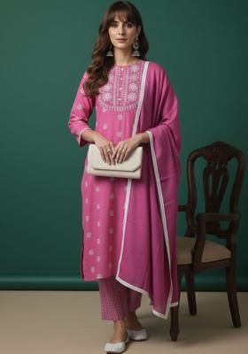 Pink Printed Viscose Kurta Set