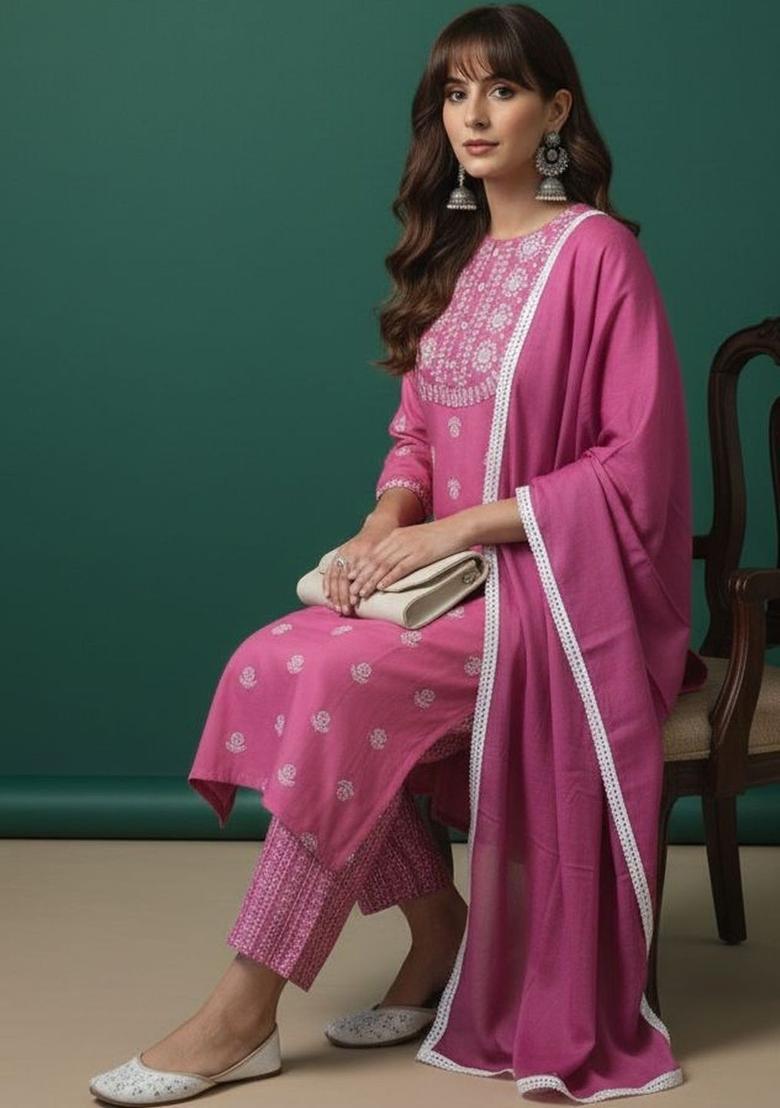 Pink Printed Viscose Kurta Set - Indya