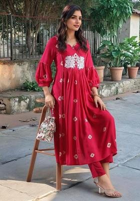 Pink Embroidered Viscose Anarkali Set