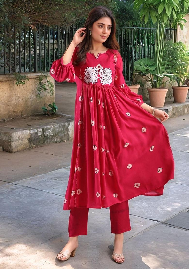 Pink Embroidered Viscose Anarkali Set - Indya