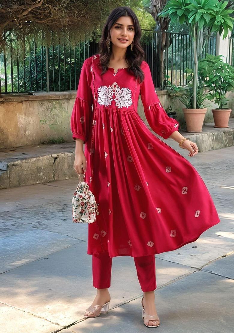 Pink Embroidered Viscose Anarkali Set - Indya