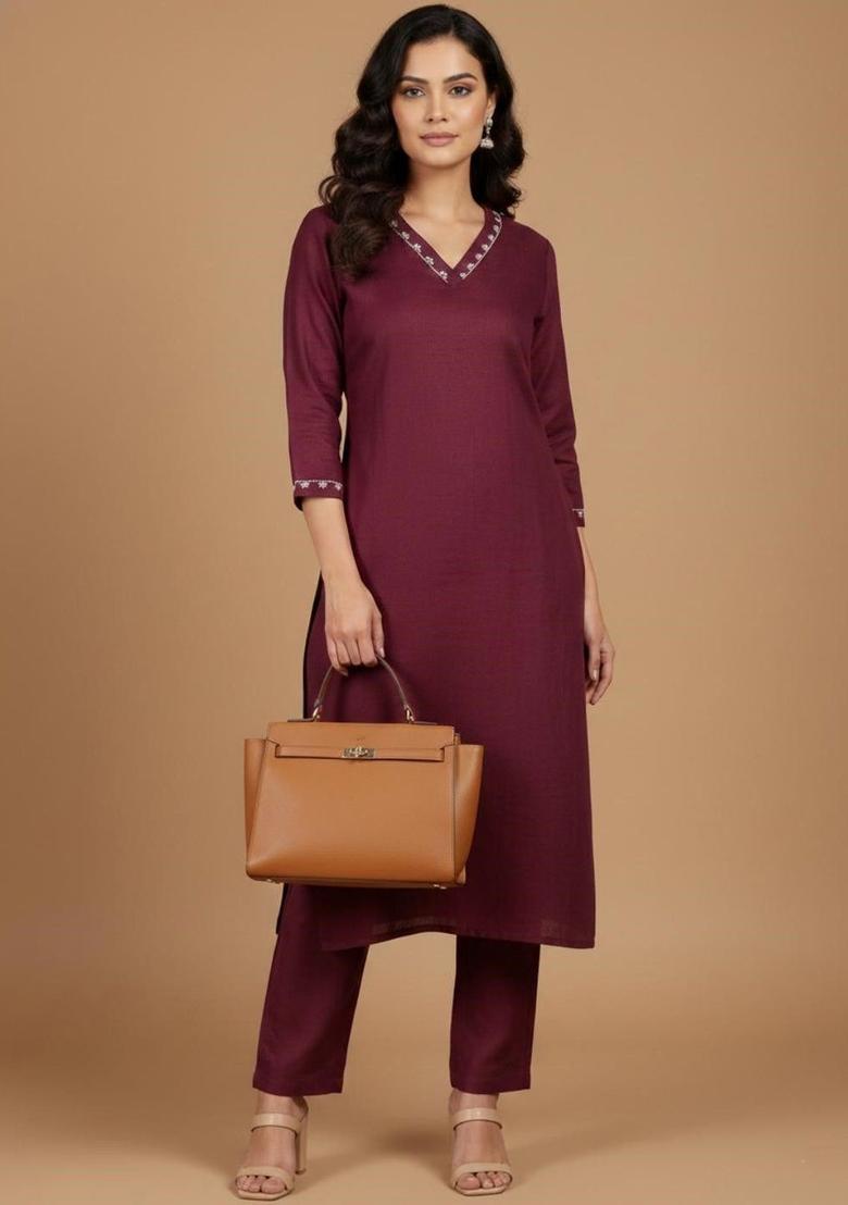 Maroon Solid Cotton Kurta Set - Indya