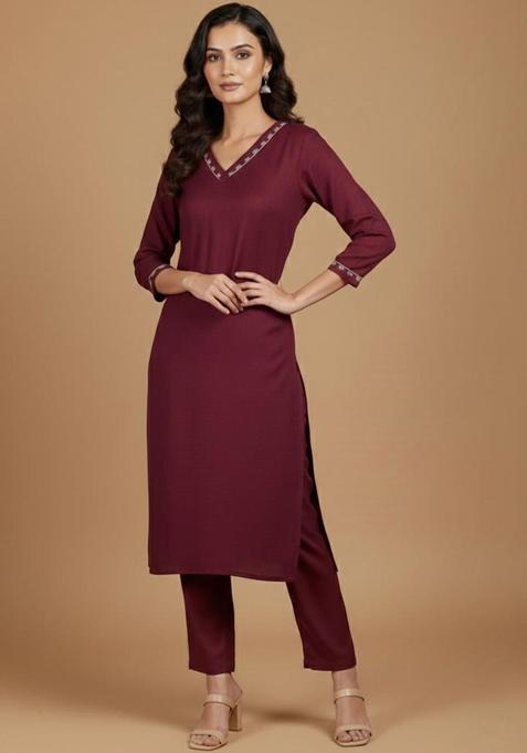 Maroon Solid Cotton Kurta Set