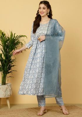 Blue Printed Viscose Anarkali Set