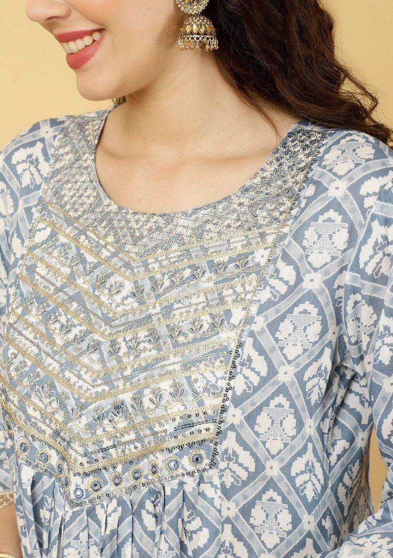 Blue Printed Viscose Anarkali Set - Indya