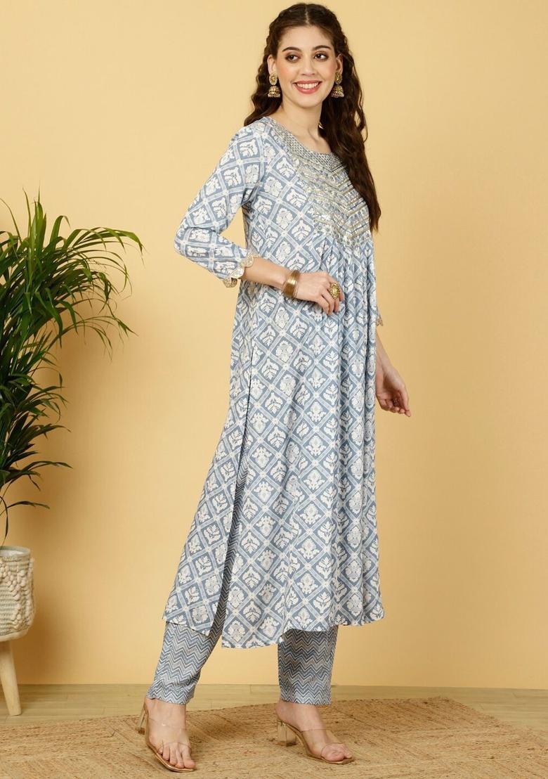 Blue Printed Viscose Anarkali Set - Indya