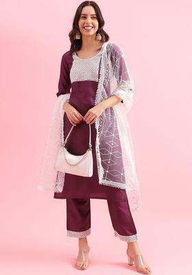 Maroon Self Design Silk Kurta Set