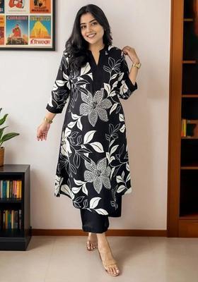 Black Printed Cotton Kurta Set
