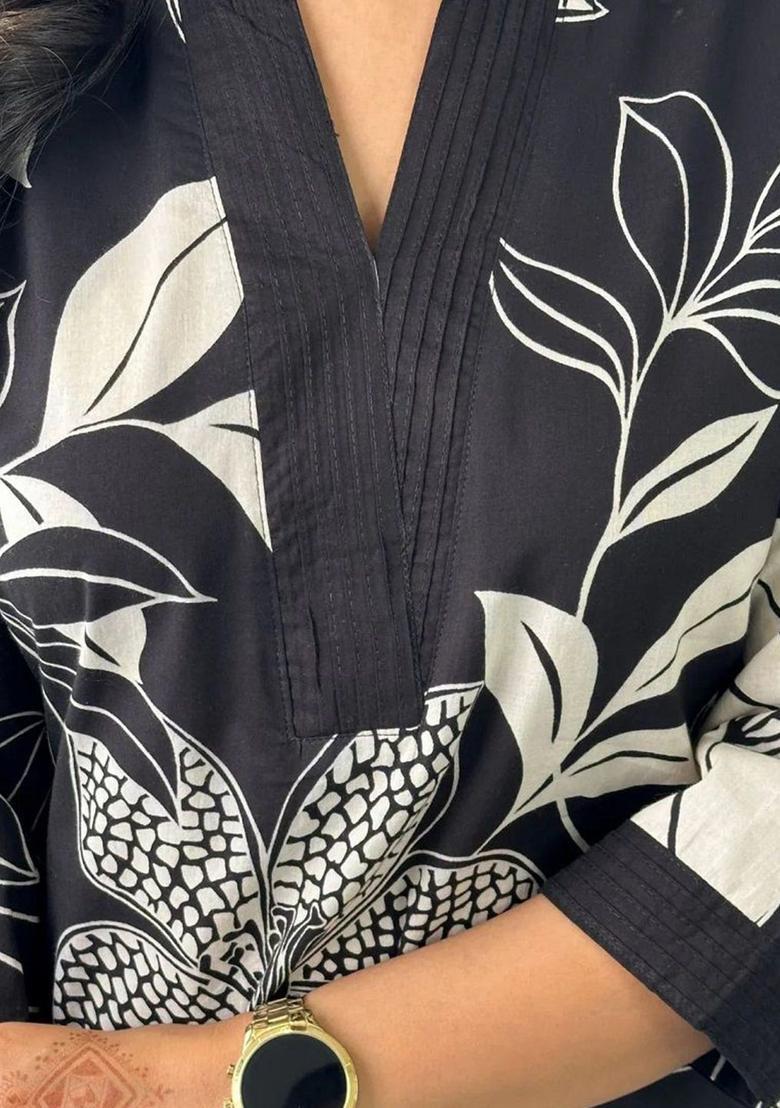 Black Printed Cotton Kurta Set - Indya