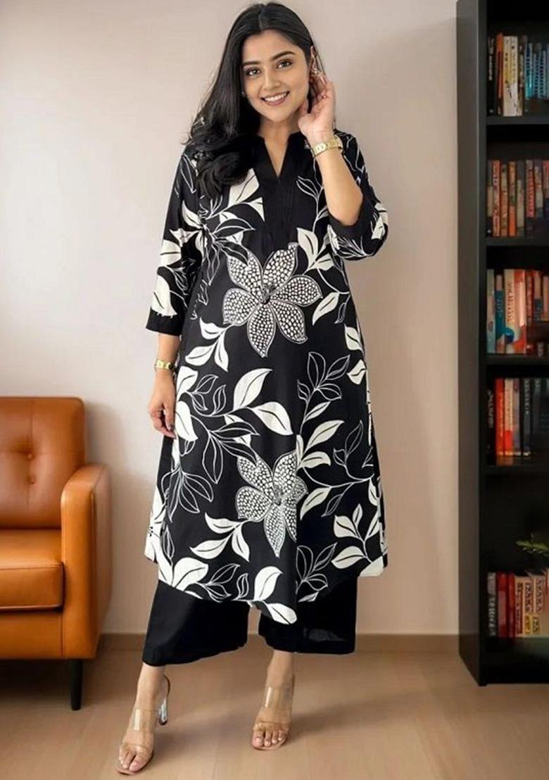 Black Printed Cotton Kurta Set - Indya
