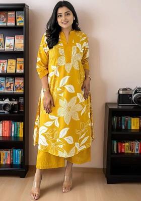 Yellow Printed Cotton Kurta Set