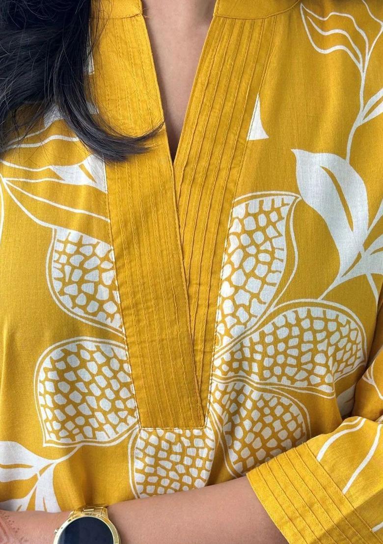 Yellow Printed Cotton Kurta Set - Indya
