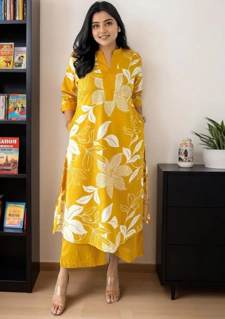 Yellow Printed Cotton Kurta Set - Indya