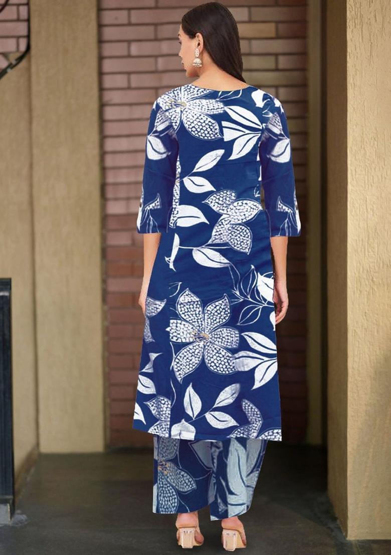 Blue Printed Viscose Kurta Set - Indya
