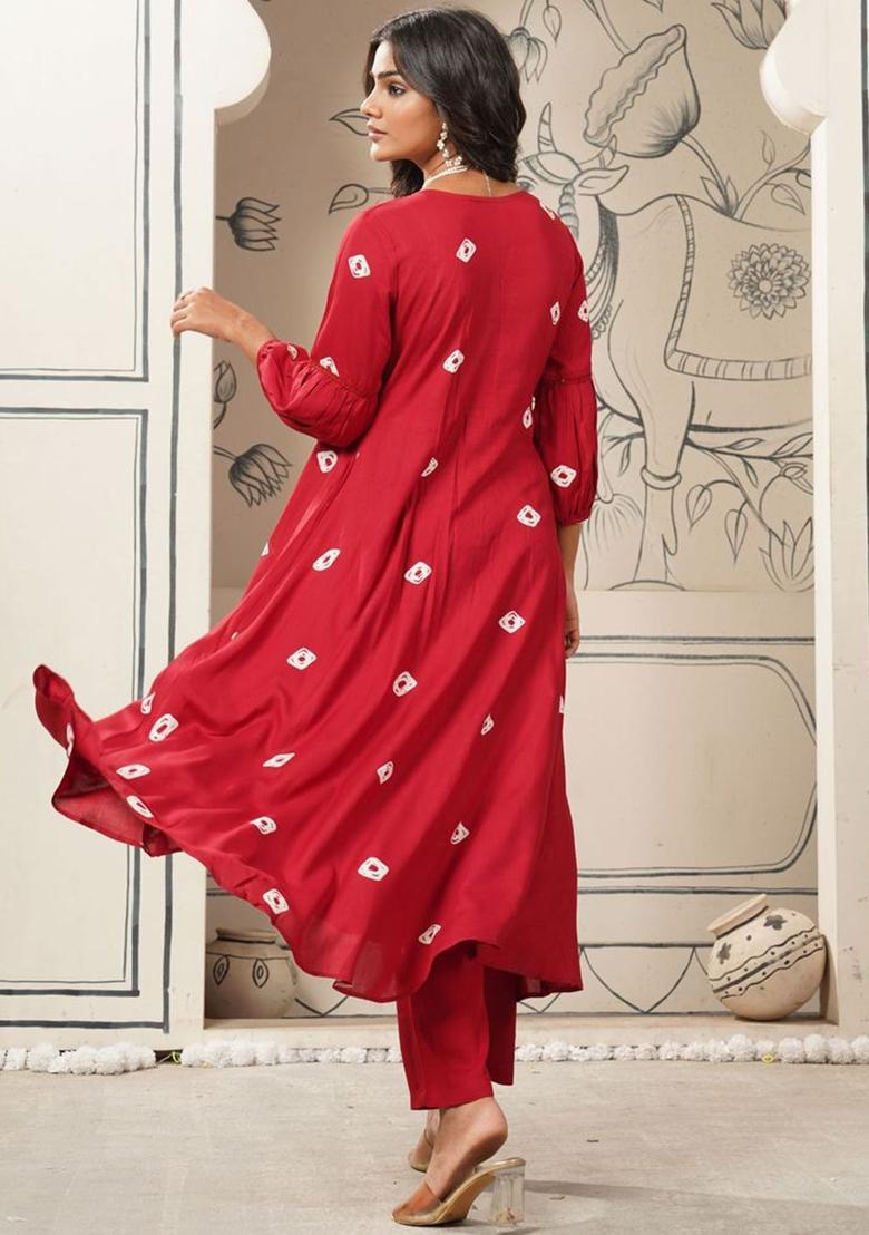 Maroon Printed Viscose Anarkali Set - Indya