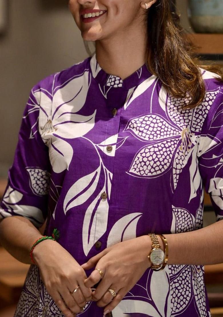 Purple Printed Viscose Kurta Set - Indya