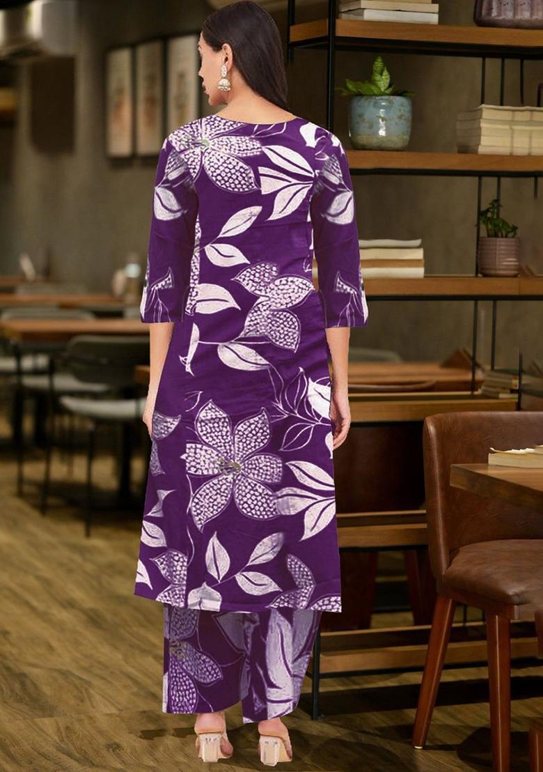 Purple Printed Viscose Kurta Set - Indya