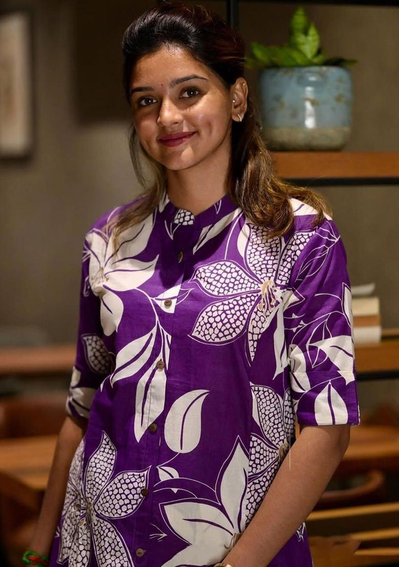 Purple Printed Viscose Kurta Set - Indya