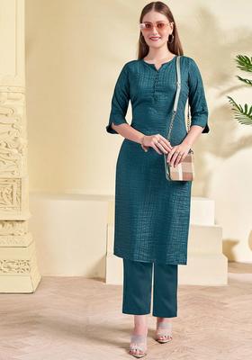 Teal Striped Cotton Kurta Set