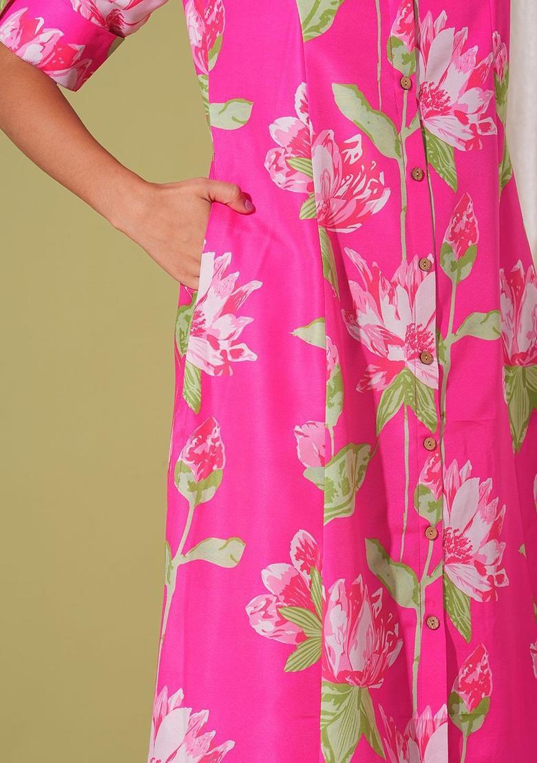 Pink Printed Viscose Kurta Set - Indya