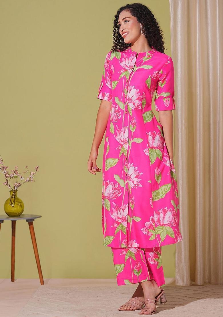 Pink Printed Viscose Kurta Set - Indya
