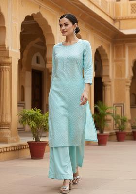 Sea Green Printed Crepe Kurta Set