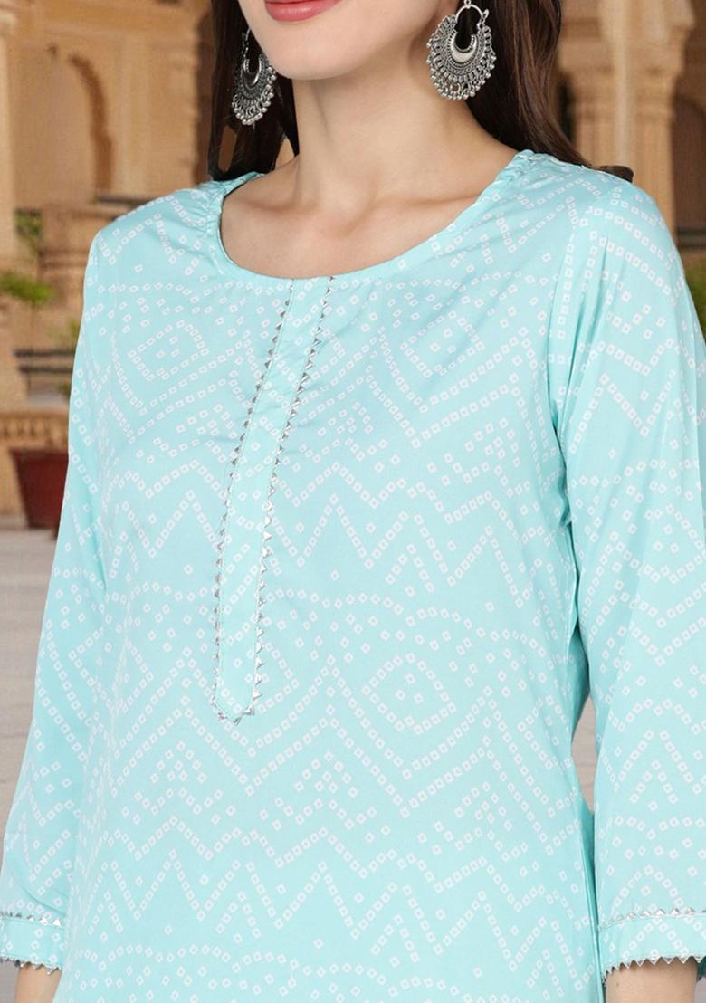Sea Green Printed Crepe Kurta Set - Indya