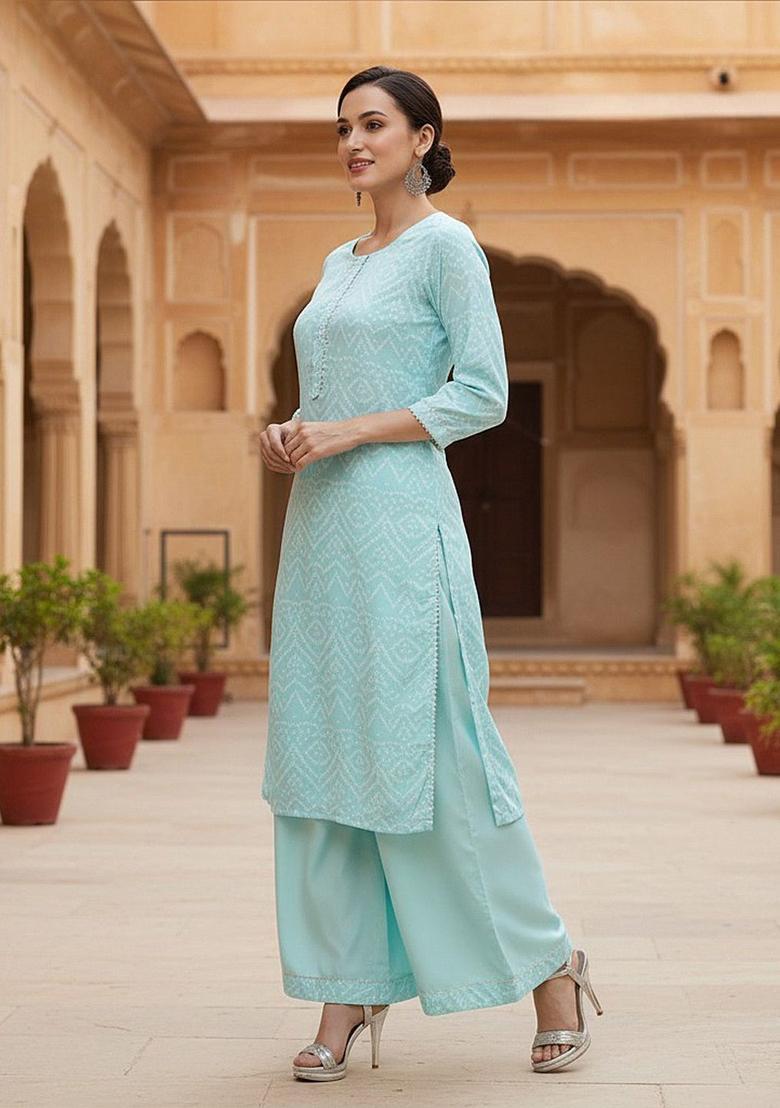 Sea Green Printed Crepe Kurta Set - Indya