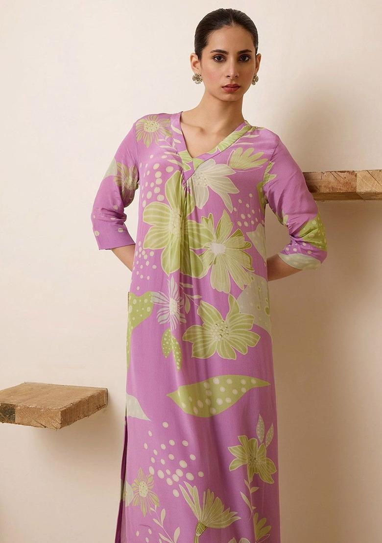 Purple Printed Cotton Kurta Set - Indya