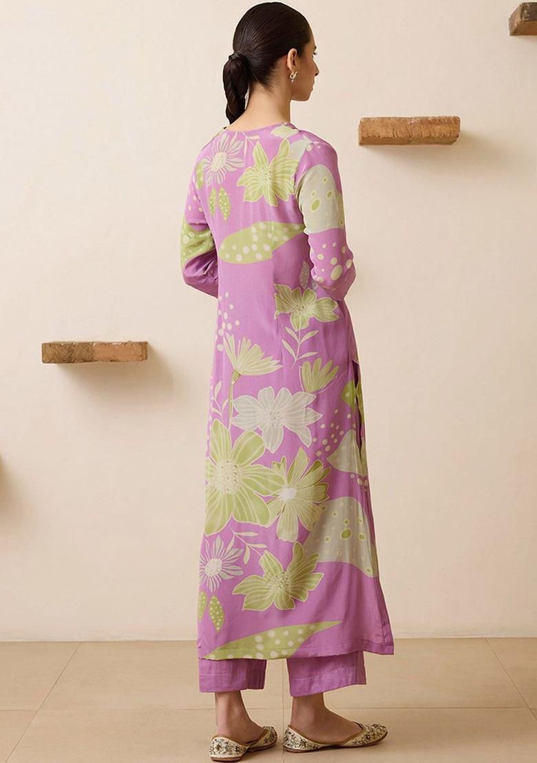 Purple Printed Cotton Kurta Set - Indya