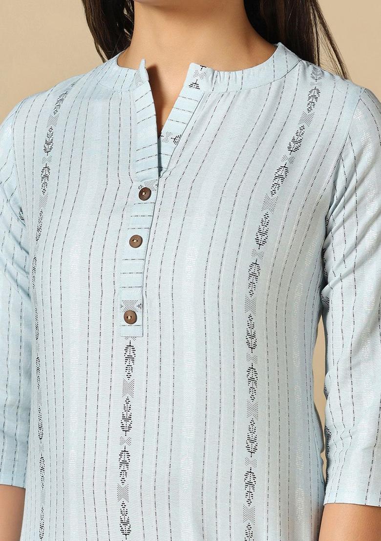 Blue Striped Cotton Kurta Set - Indya