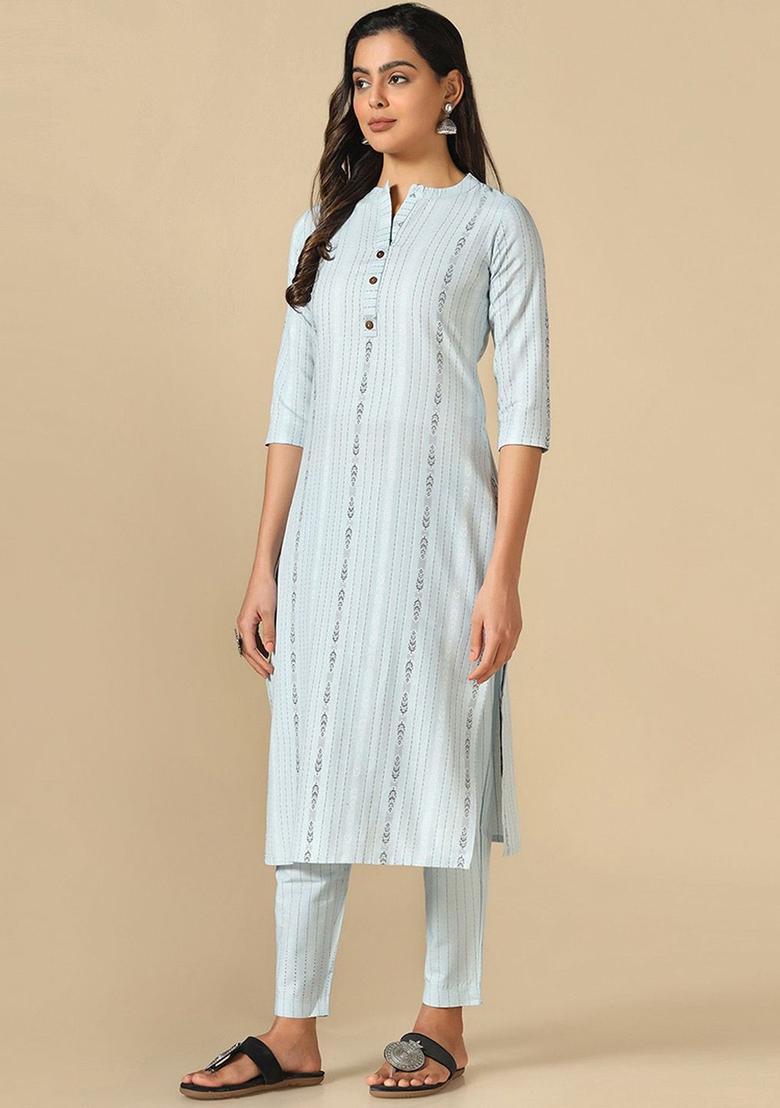 Blue Striped Cotton Kurta Set - Indya