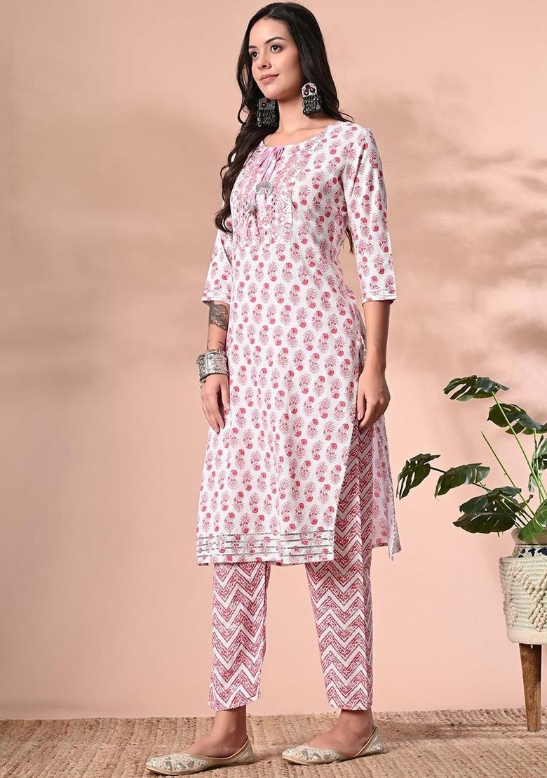 White Printed Viscose Kurta Set - Indya