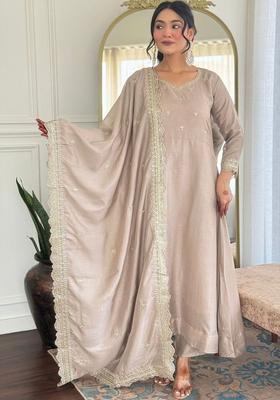 Taupe Embroidered Silk Kurta Set