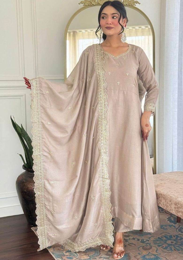 Taupe Embroidered Silk Blend Kurta Set - Indya