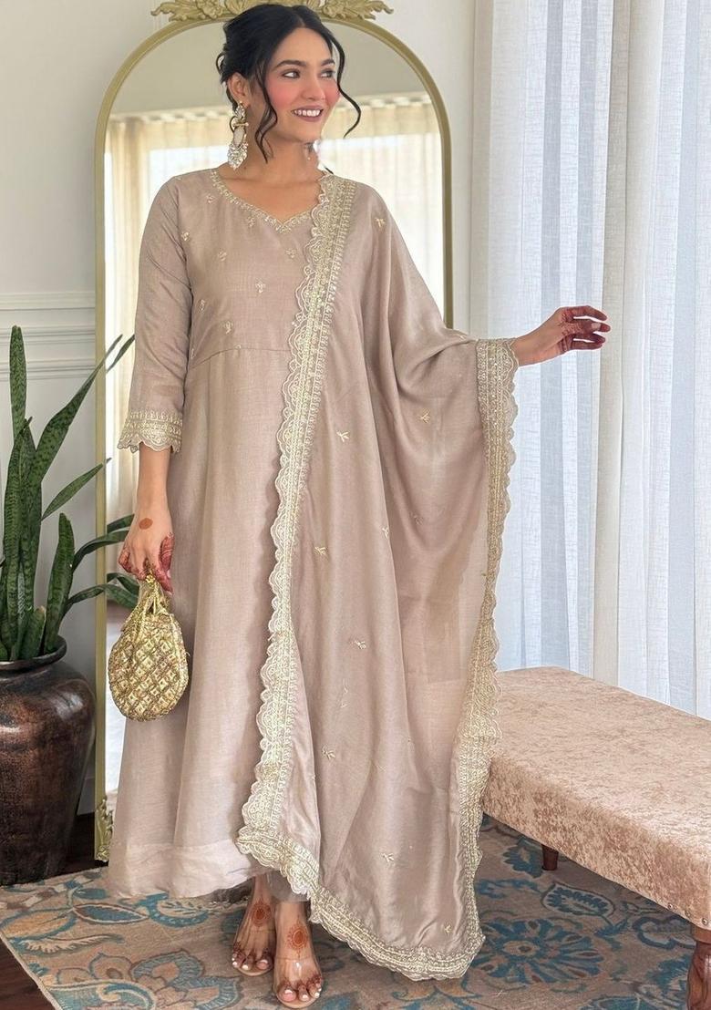 Taupe Embroidered Silk Kurta Set - Indya