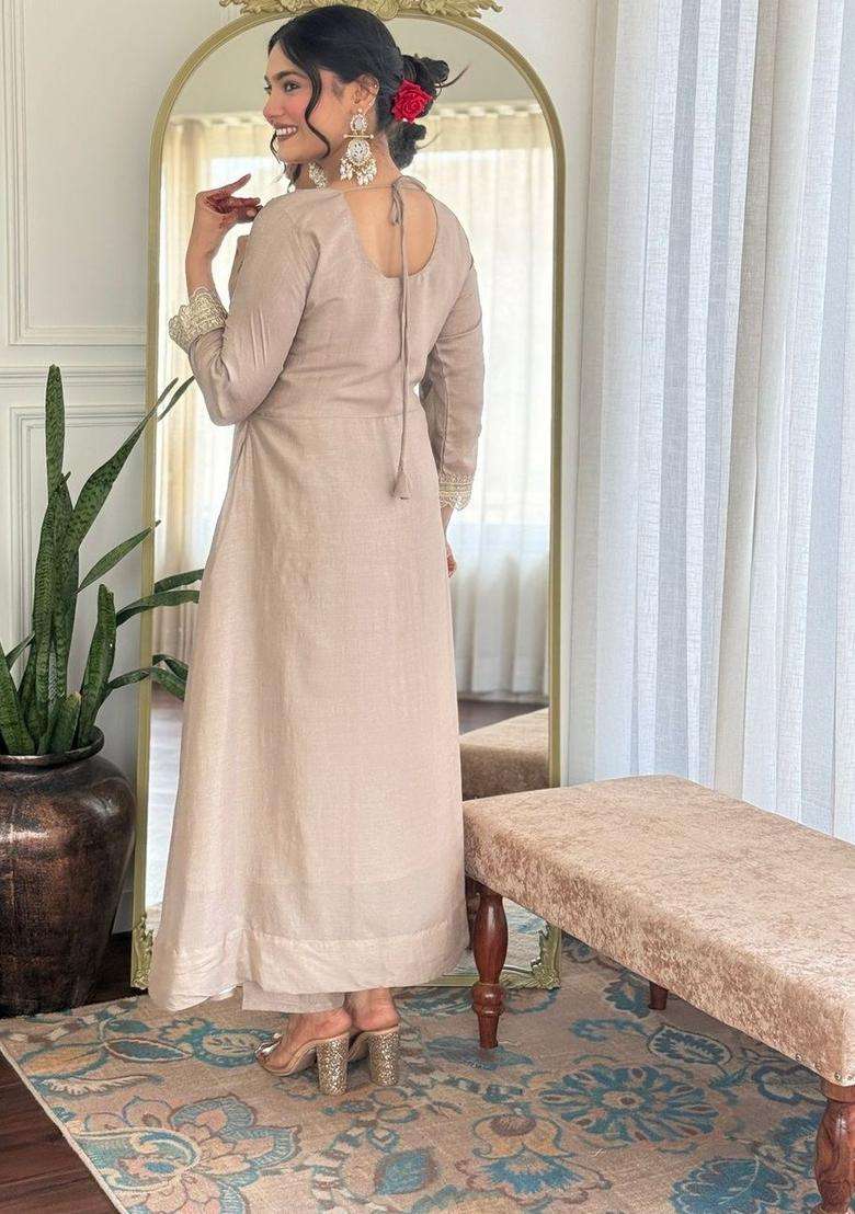Taupe Embroidered Silk Blend Kurta Set - Indya