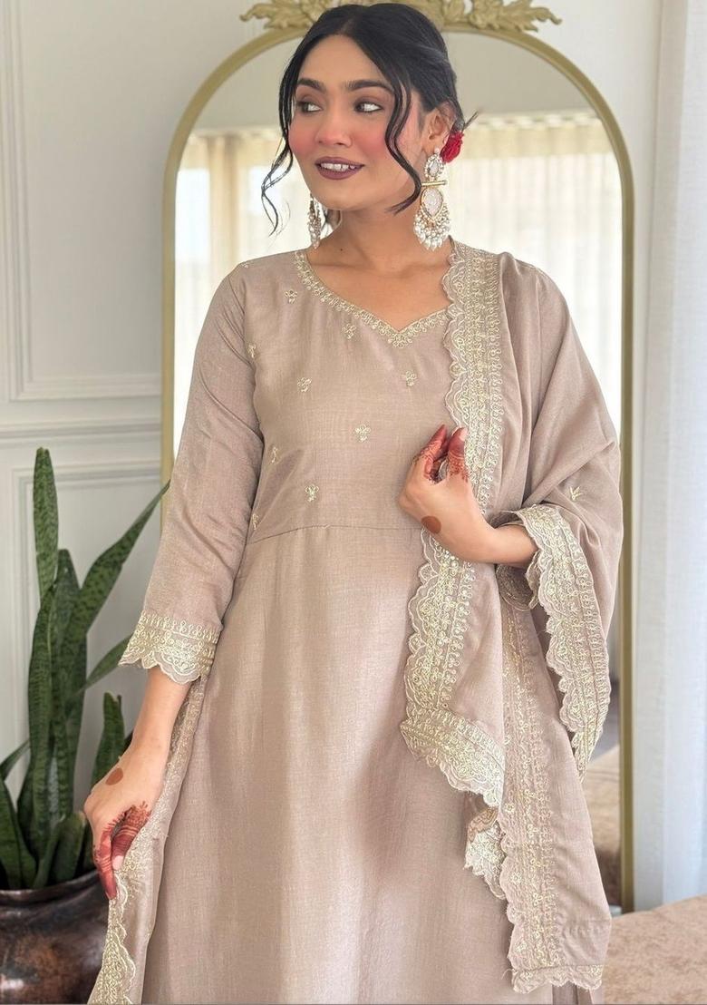Taupe Embroidered Silk Kurta Set - Indya