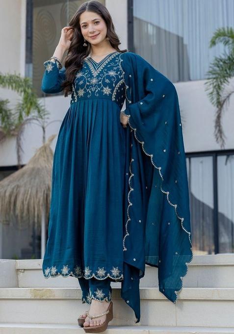 Teal Embroidered Georgette Kurta Set