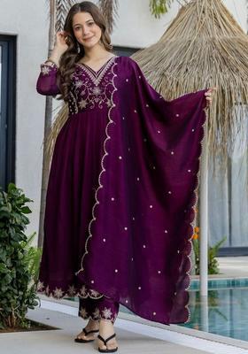 Purple Embroidered Georgette Kurta Set